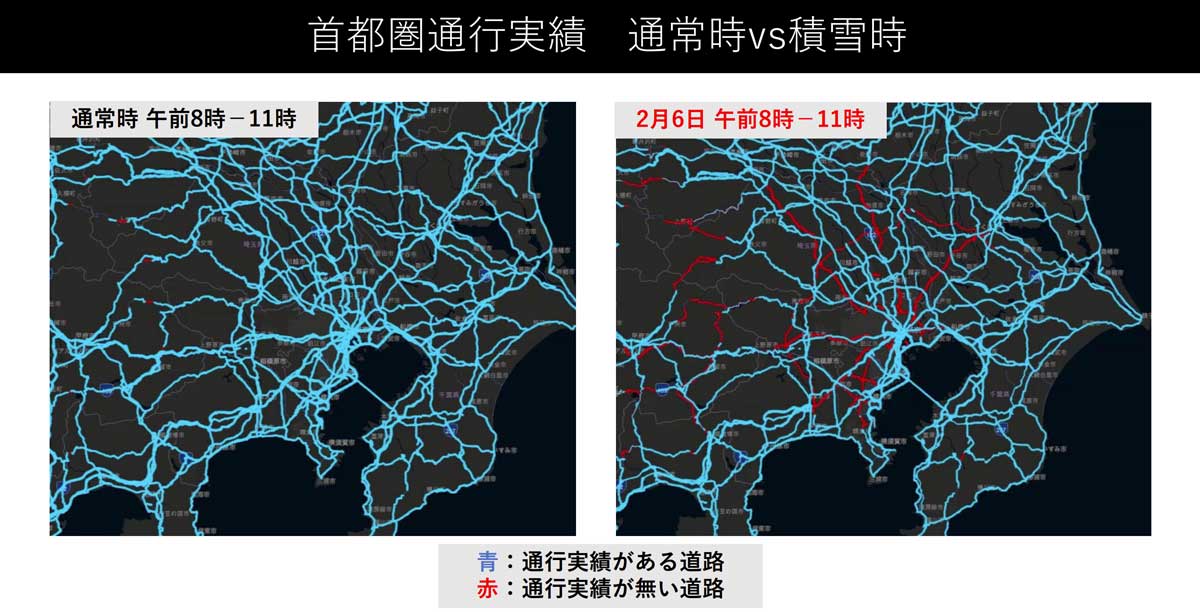 首都圏通行実績　通常時vs積雪時のイメージ