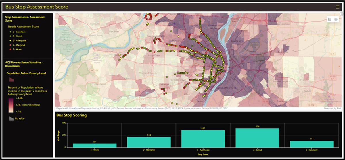 バス停評価ダッシュボードは、すべてのバス停のニーズ評価スコアを視覚化する。