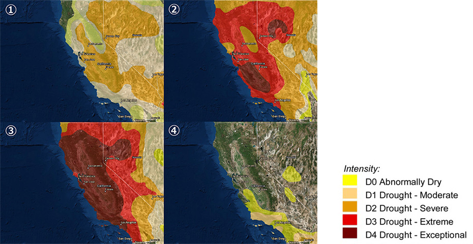 ① 2012 年 4 月、② 2014 年 2 月、③2014 年 9 月、④ 2017 年 4 月の干ばつ状況