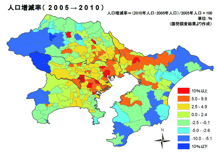 図2：1都3県の市区町村別人口増減率