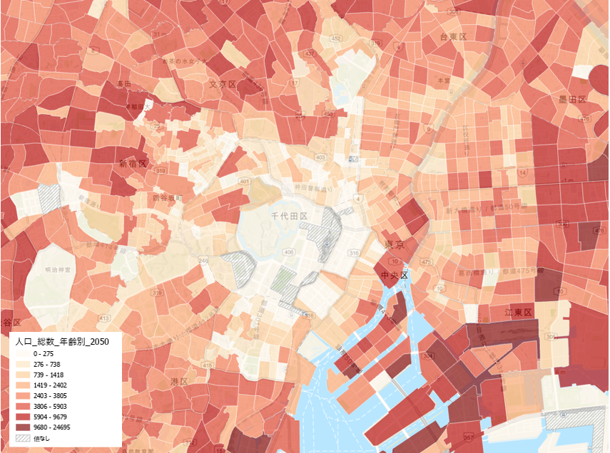 今後の人口増減や市場規模の変化を把握、可視化したイメージ