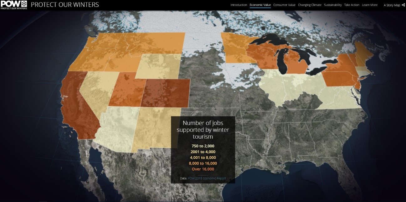 冬季観光産業によって支えられる雇用（出典：POW 2018 Economic Report）
（色が濃いほど、雇用が多いことを表している）