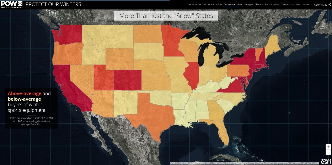 ウィンタースポーツ用品の購入者（色が濃いほど、購入者が多いことを表している）