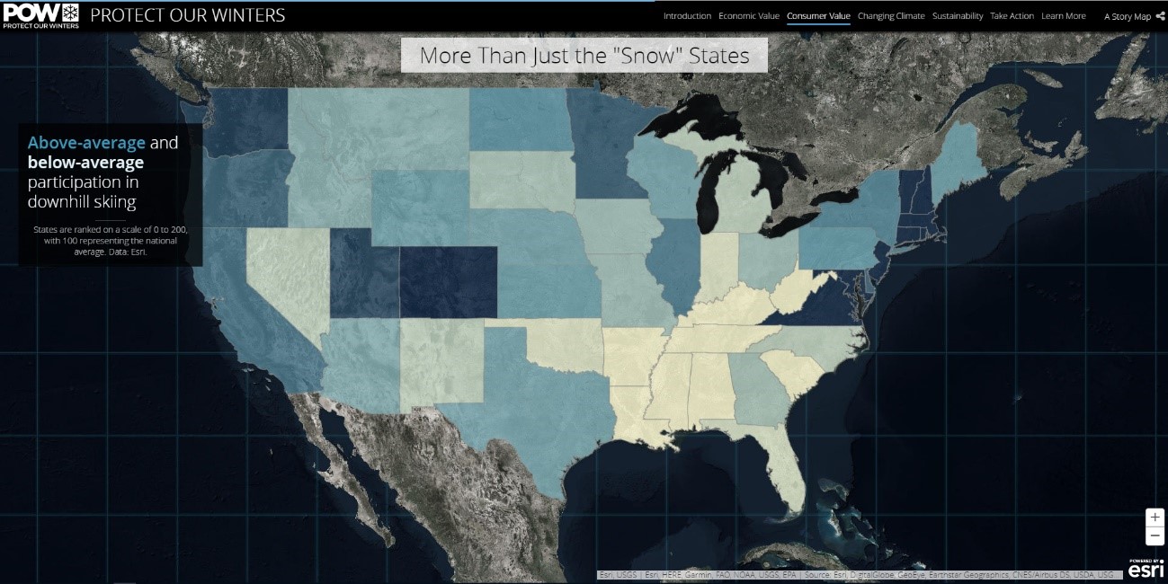 滑降の競技人口の数（色が濃いほど、競技人口が多いことを表している）