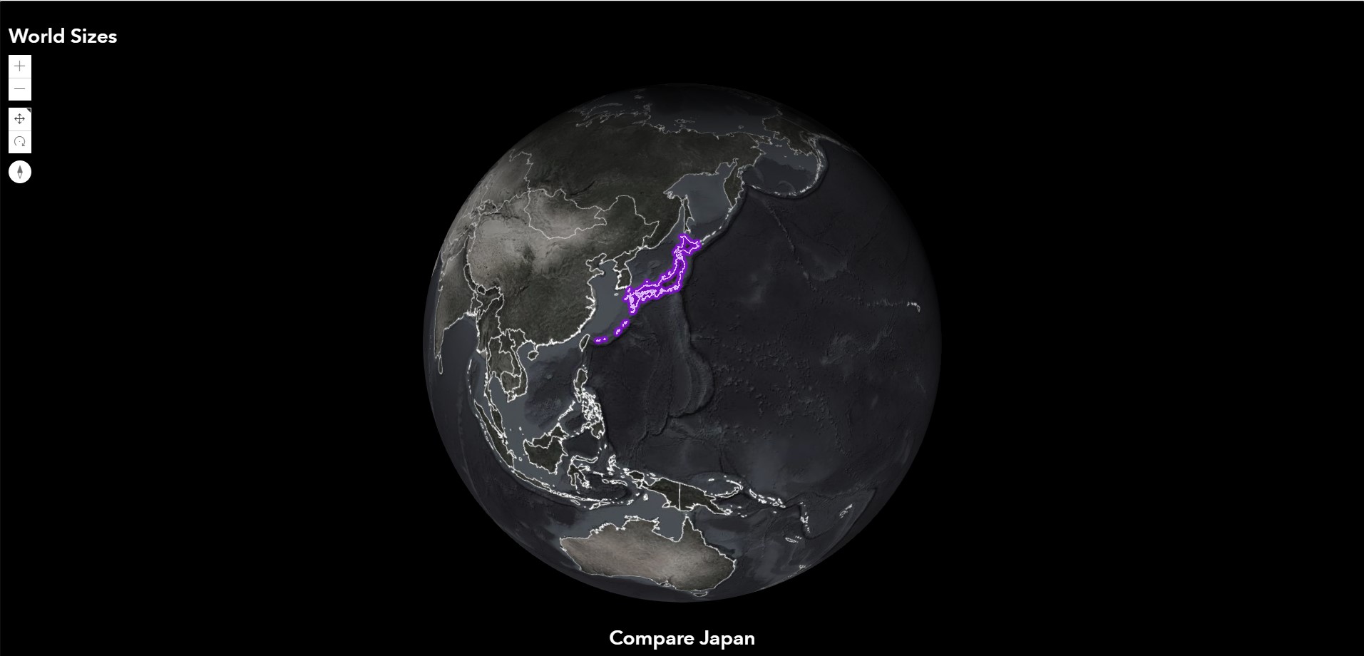 バーチャルな地球儀上で各国の国境を移動して面積が比較できる Web アプリ