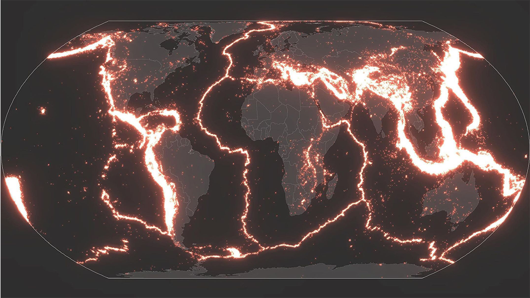 1970 年以降に発生したマグニチュード 4.0 以上の地震の世界地図
