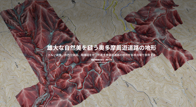 雄大な自然美を縫う奥多摩周遊道路の地形
オルソ画像、赤色立体図、陰陽図を用いて奥多摩周遊道路の地形を各視点場で表現する